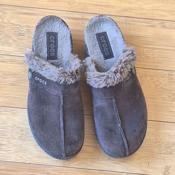 Crocs Clog Cobbler Eva Brown Suede Faux Fur Lined Slip On Mule Chunky Boho sz 7 - Picture 3 of 12